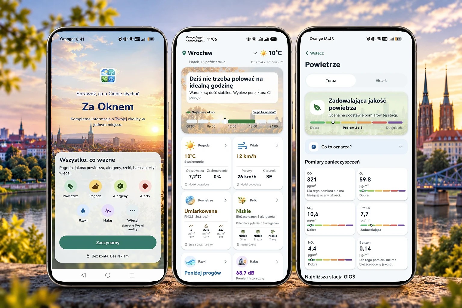 Trzy rzeczywiste ekrany aplikacji Za Oknem: powitanie, dashboard dla Wrocławia oraz szczegóły jakości powietrza